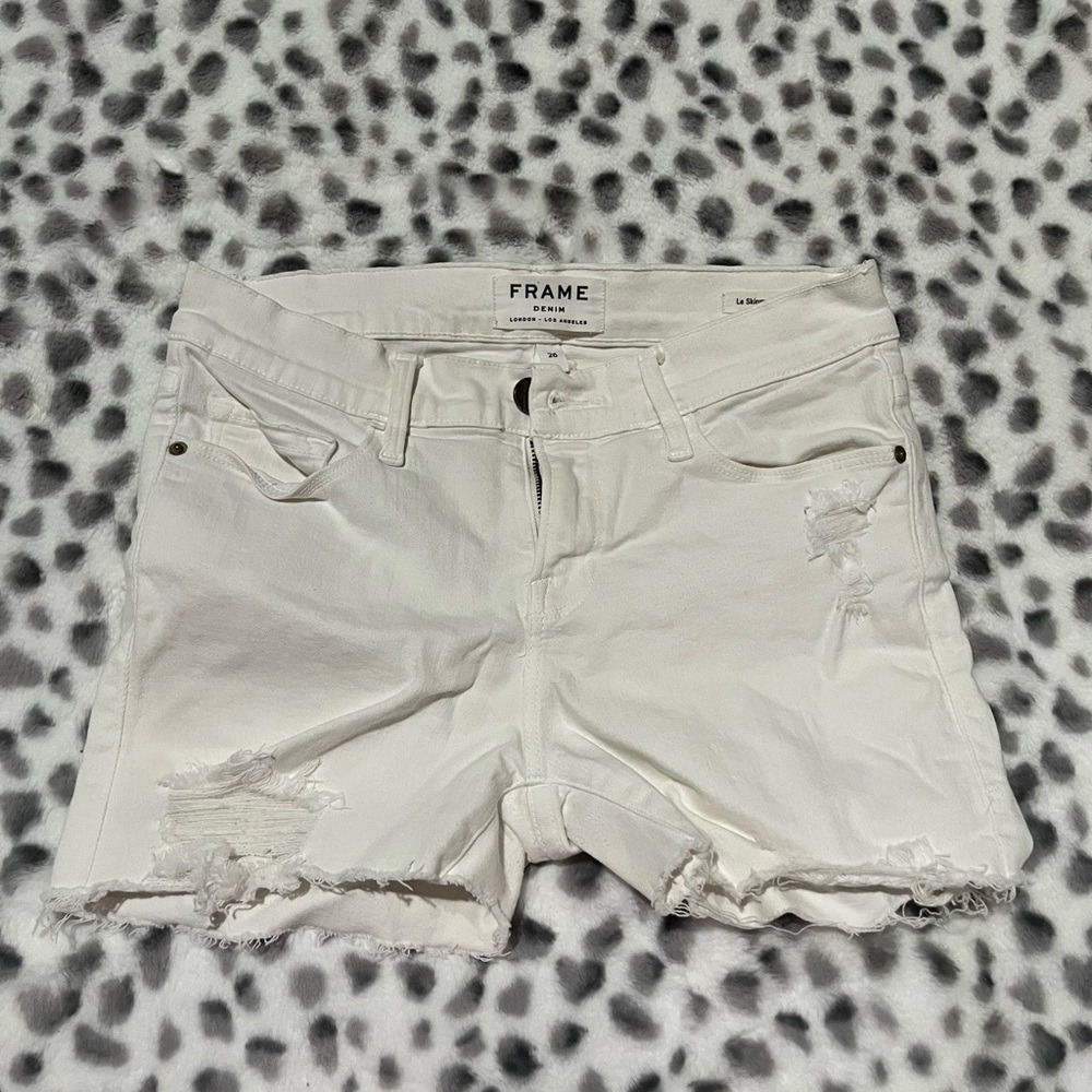 FRAME‎ Le Skinny de Jeanne White Denim Ripped Frayed Hem Shorts Size 26